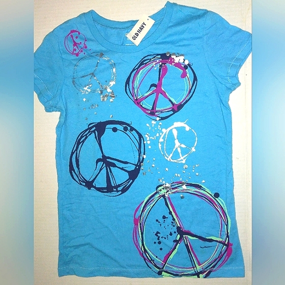 ☆NWT☆OLD NAVY☆Girls Beautiful Blue Peace Sign Print Short Sleeve T-shirt ~Med~ - Picture 1 of 11